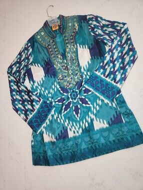 Tory Burch Iveta Silk Embellished Teal & Blue Tunic Top. Size 8